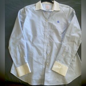 Brooks brothers, blue and white stripped button up. Excellent condition.